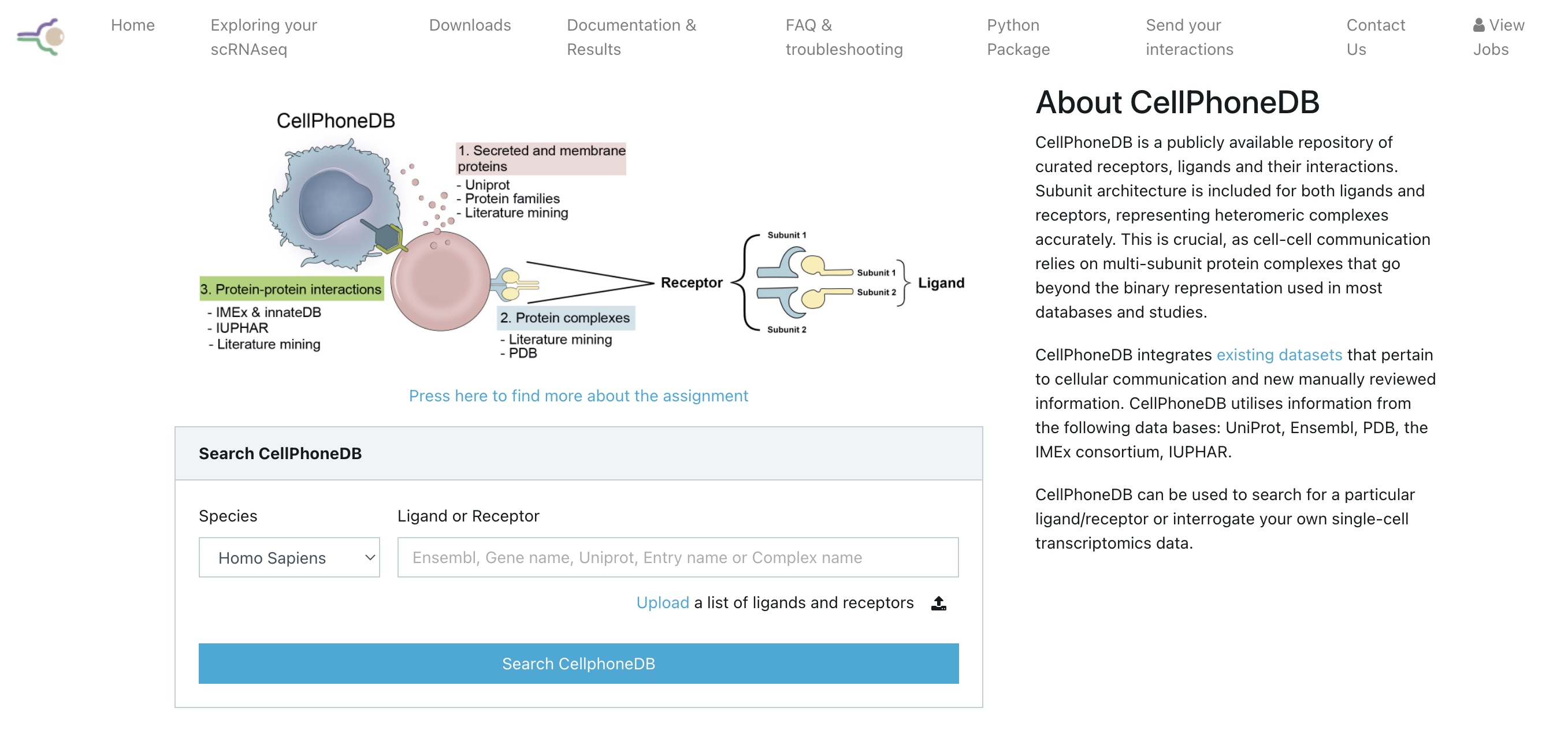 Landing page of CellphoneDB