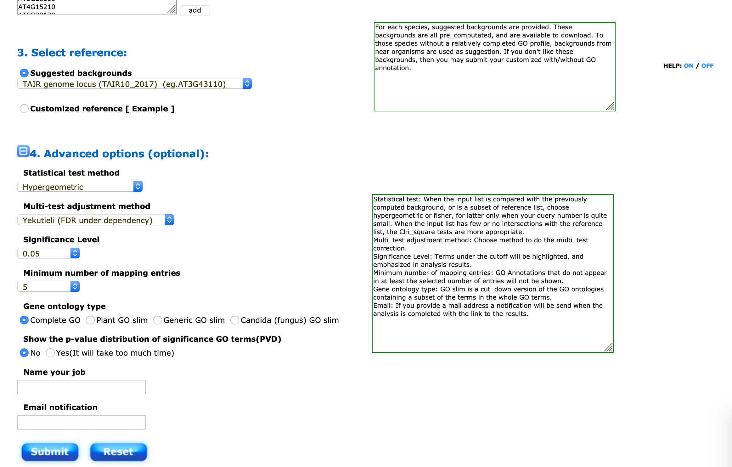 choice of the background and statistical test